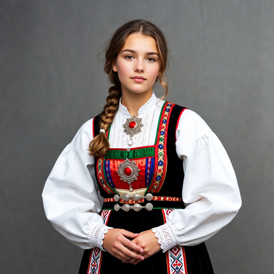 Teen girl in Norwegian bunad Teen girl in Norwegian bunad