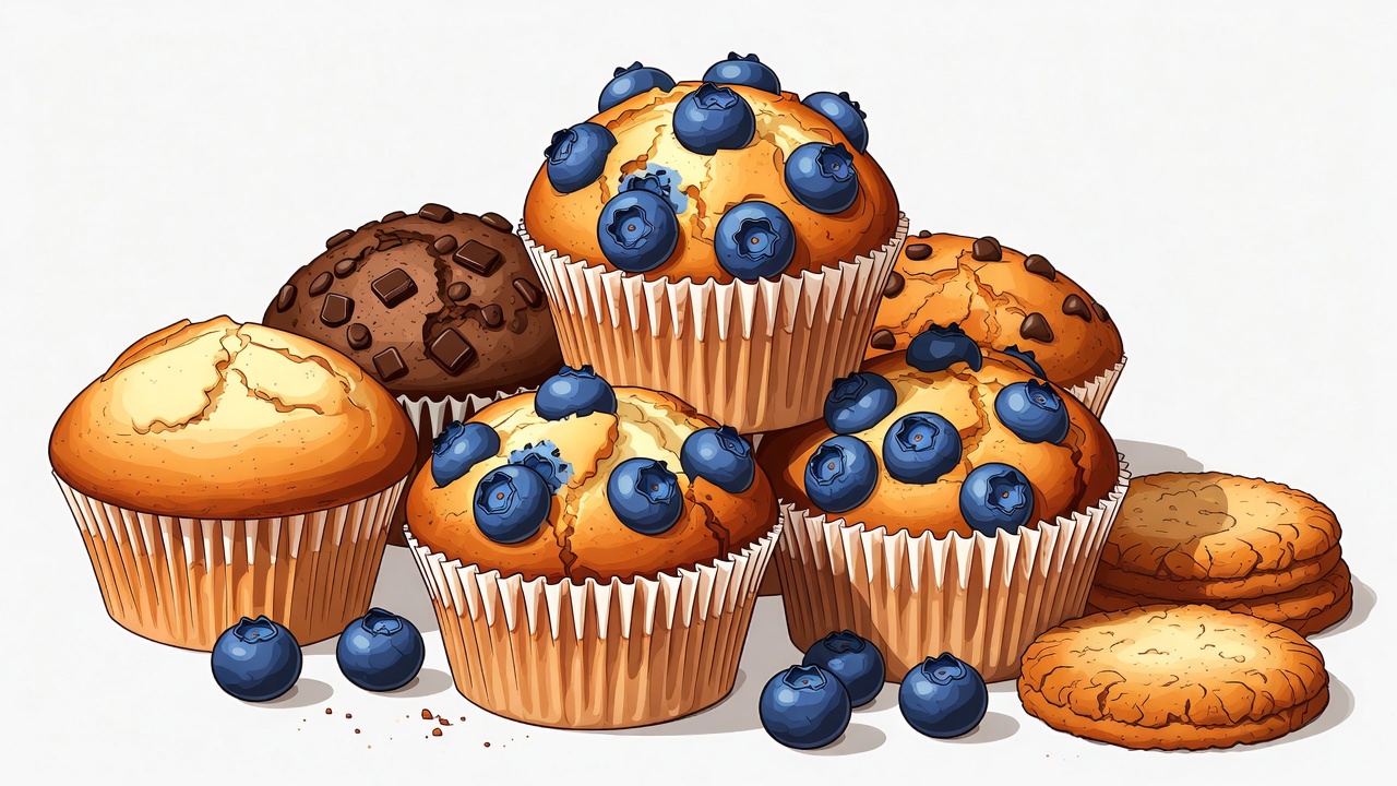 Stack of Blueberry Chocolate Muffins Illustration Stack of Blueberry Chocolate Muffins Illustration