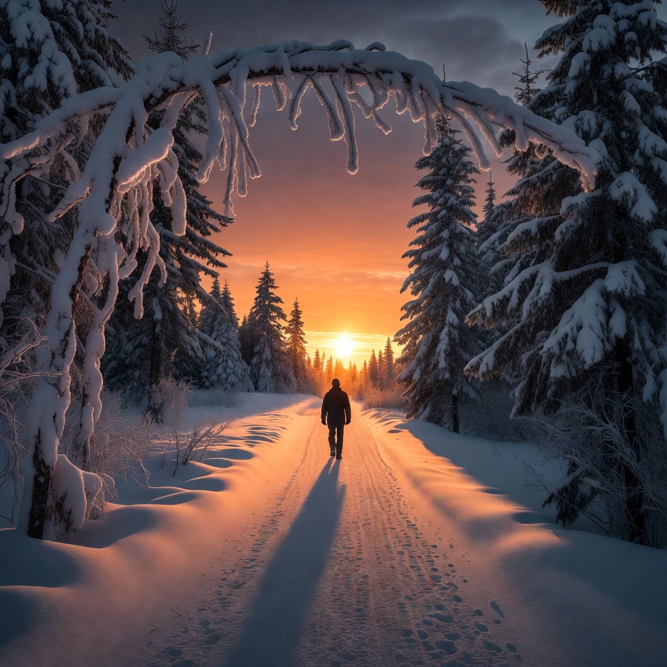 Man walking snowy path at sunset Man walking snowy path at sunset