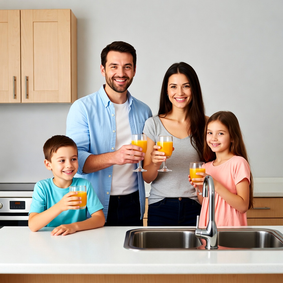 Family toasting with orange juice in kitchen Family toasting with orange juice in kitchen