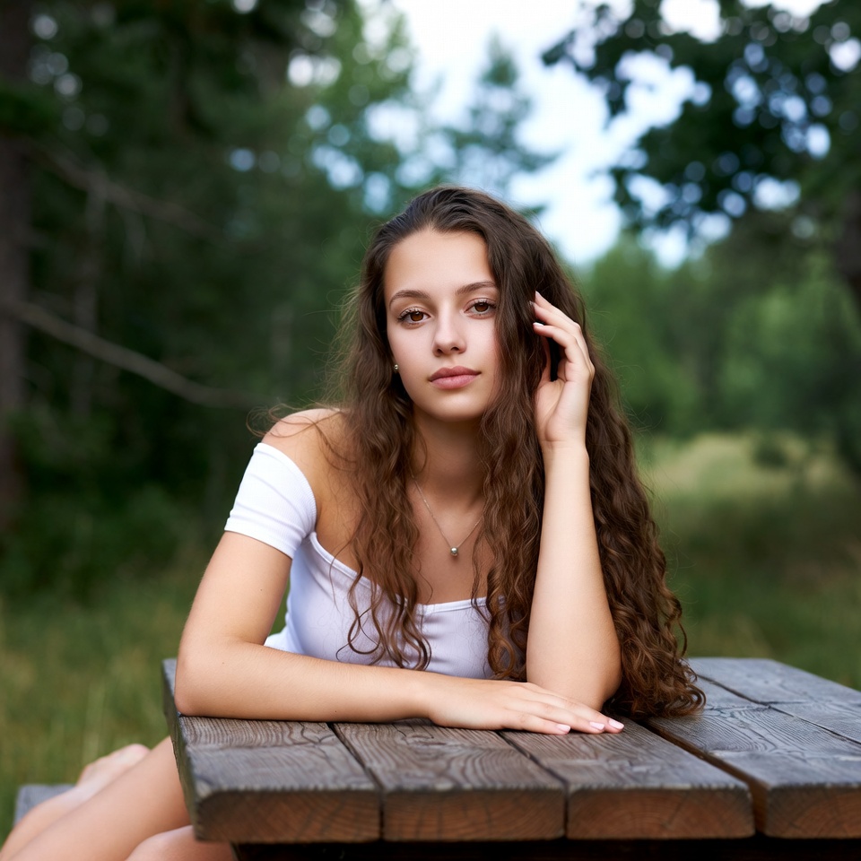 Young woman leaning on picnic table in forest Young woman leaning on picnic table in forest