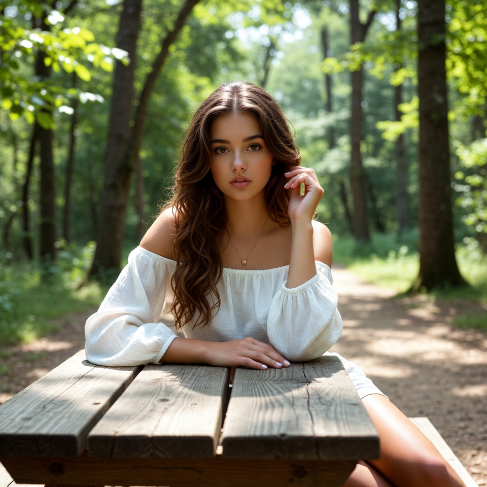 Young woman sitting at forest picnic table Young woman sitting at forest picnic table