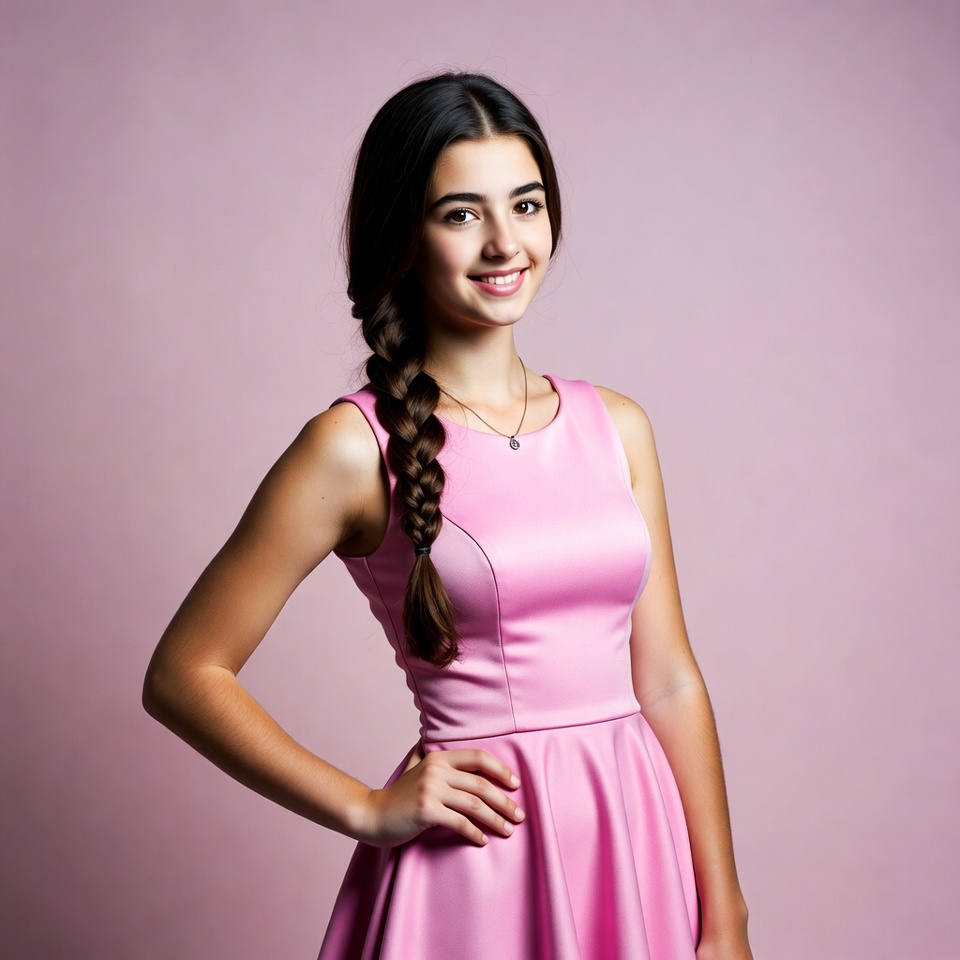 Teen girl in pink dress smiling Teen girl in pink dress smiling