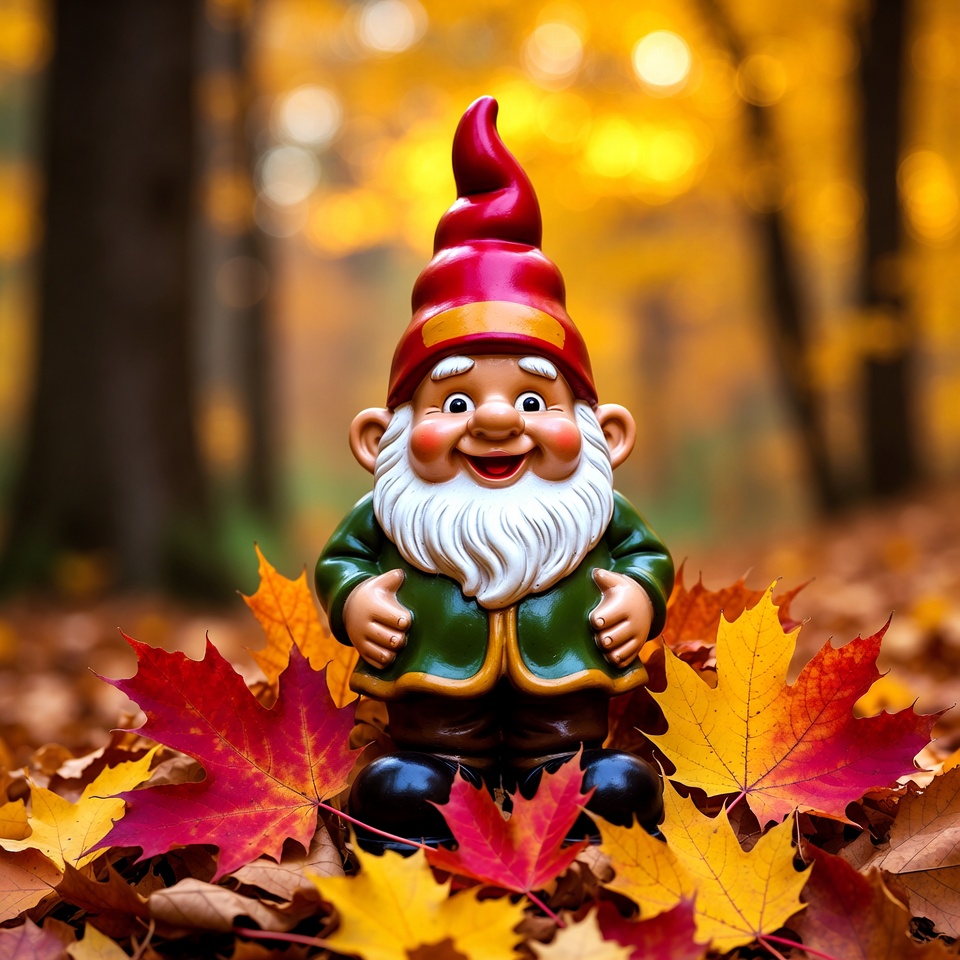 Garden Gnome in Autumn Leaves Garden Gnome in Autumn Leaves