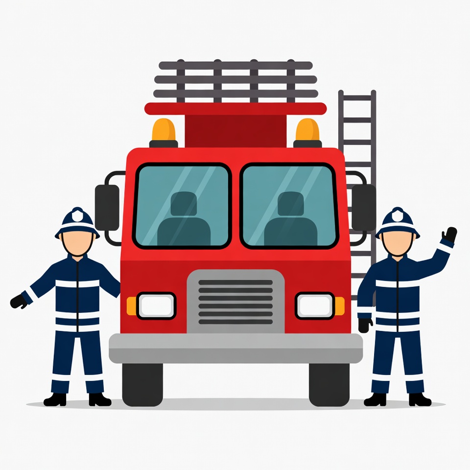 Two firefighters waving beside fire truck Two firefighters waving beside fire truck