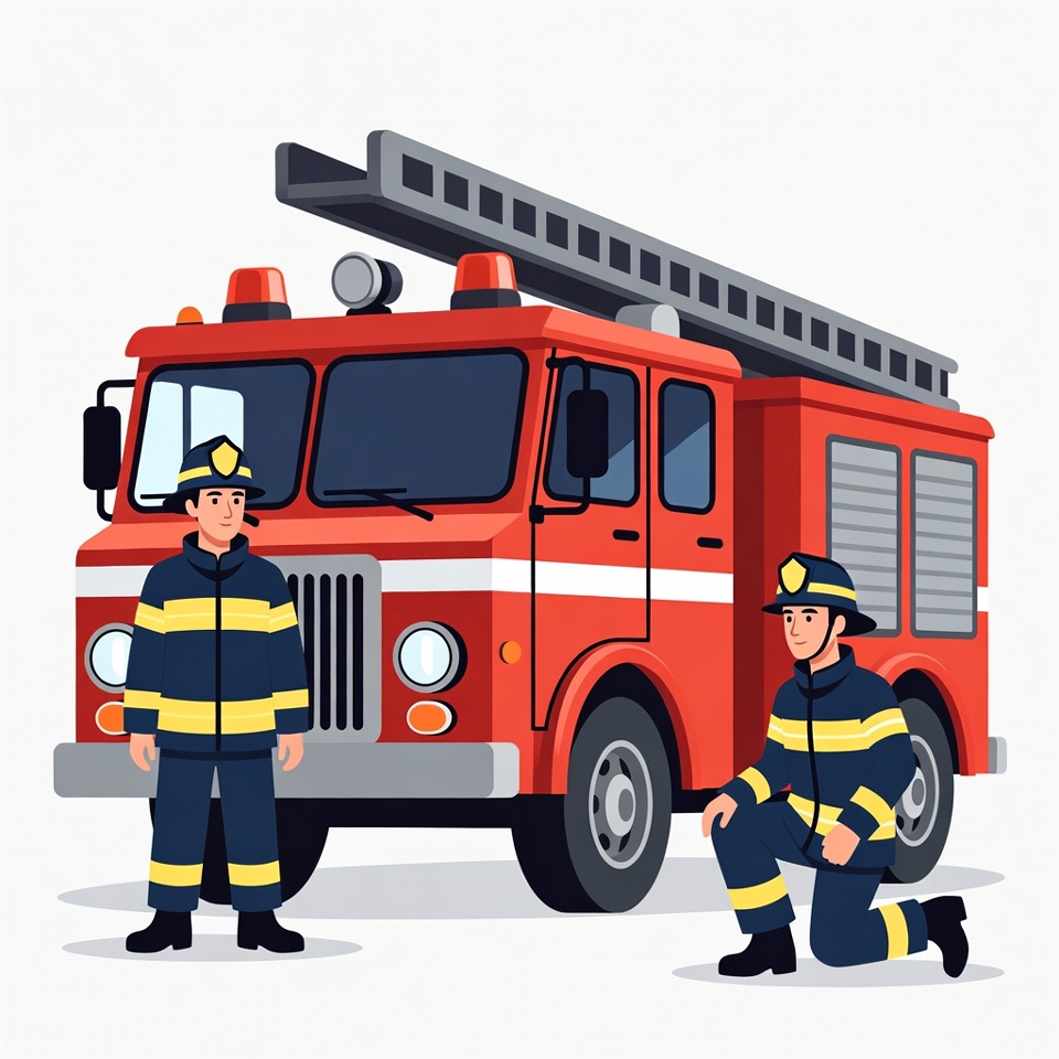 Two firefighters with fire truck Two firefighters with fire truck