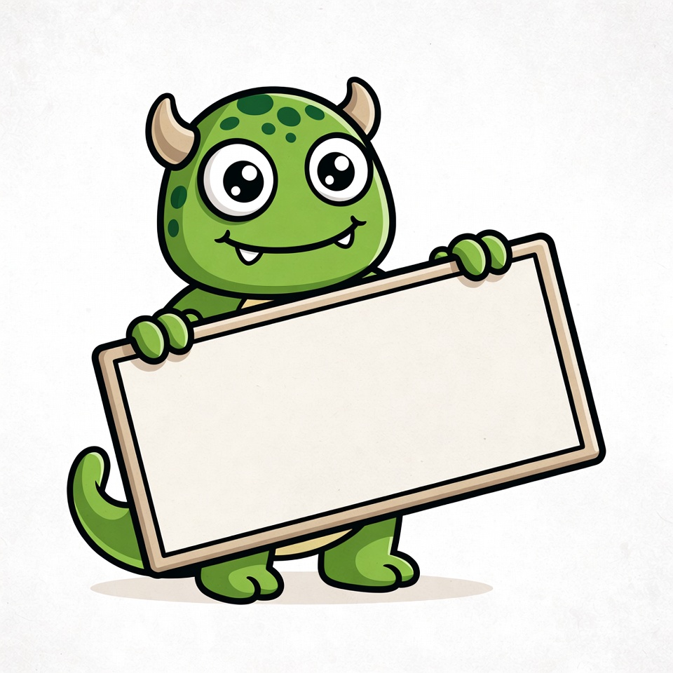 Cute green monster holding blank sign Cute green monster holding blank sign