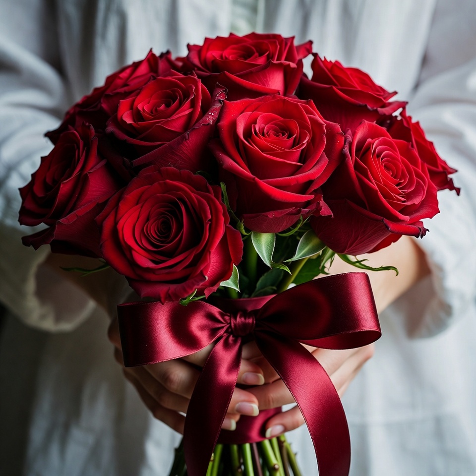 Woman holding red rose bouquet Woman holding red rose bouquet