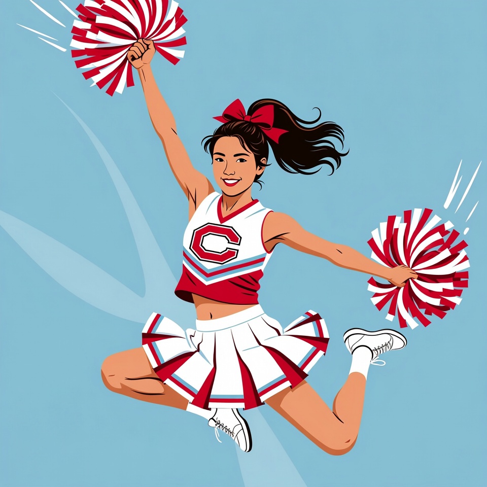 Asian cheerleader jumping with pom poms Asian cheerleader jumping with pom poms
