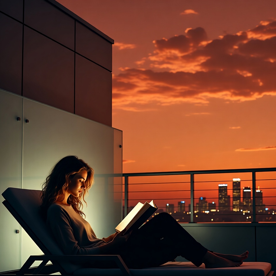 Woman reading book on rooftop sunset Woman reading book on rooftop sunset