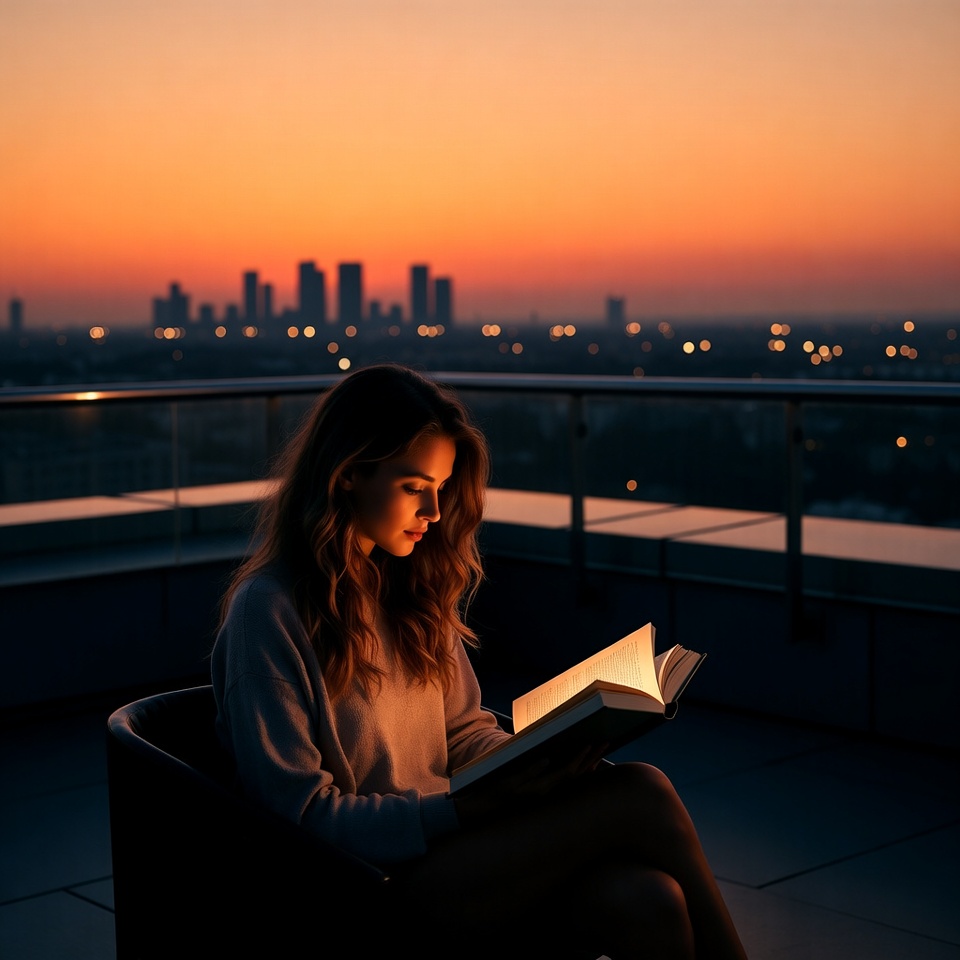 Woman reading book on rooftop sunset Woman reading book on rooftop sunset