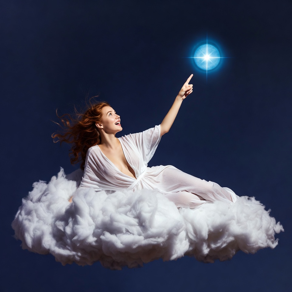 Redhead woman pointing at glowing star on clouds Redhead woman pointing at glowing star on clouds