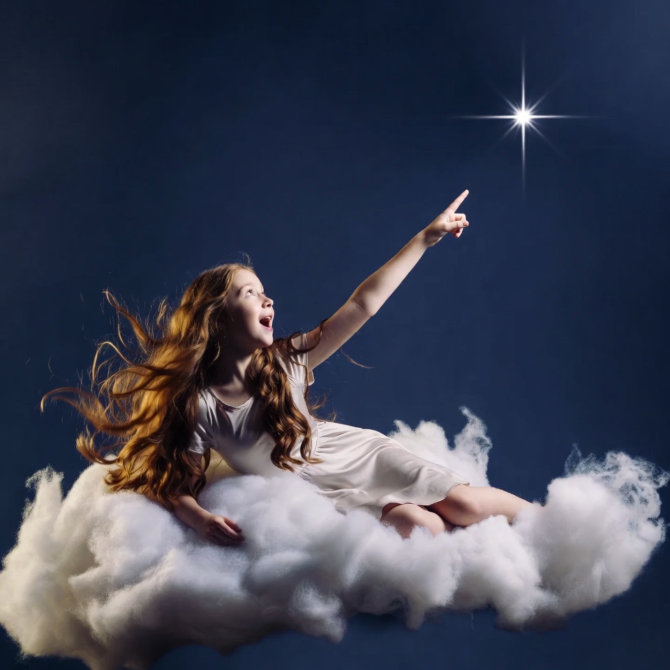 Girl reaching for star on clouds Girl reaching for star on clouds