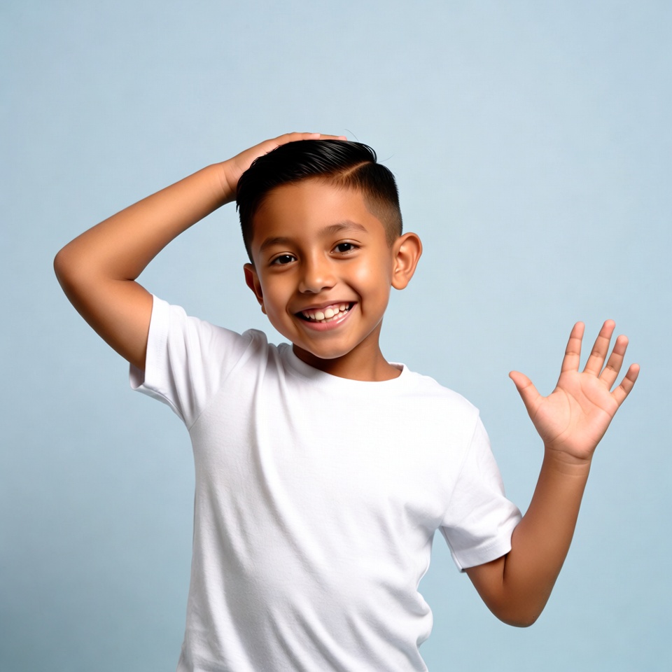 Latino boy waving hand smiling Latino boy waving hand smiling