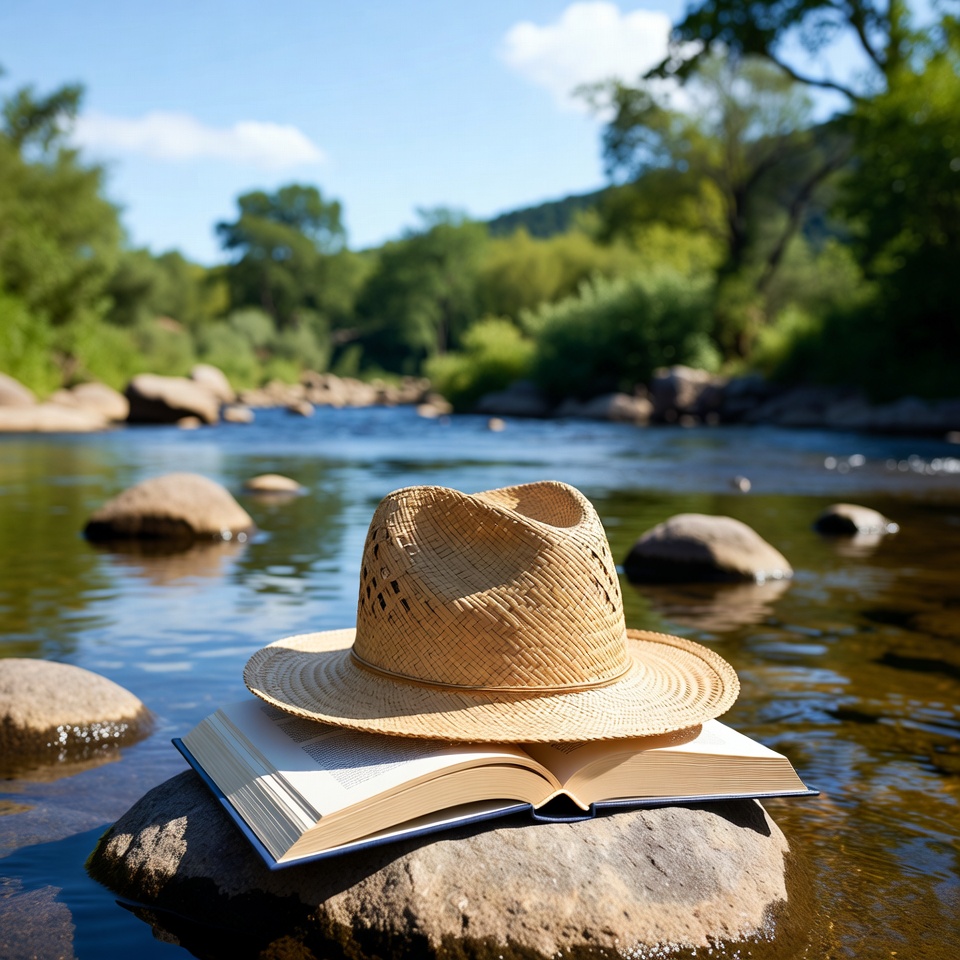 Straw Hat and Open Book on River Rock Straw Hat and Open Book on River Rock