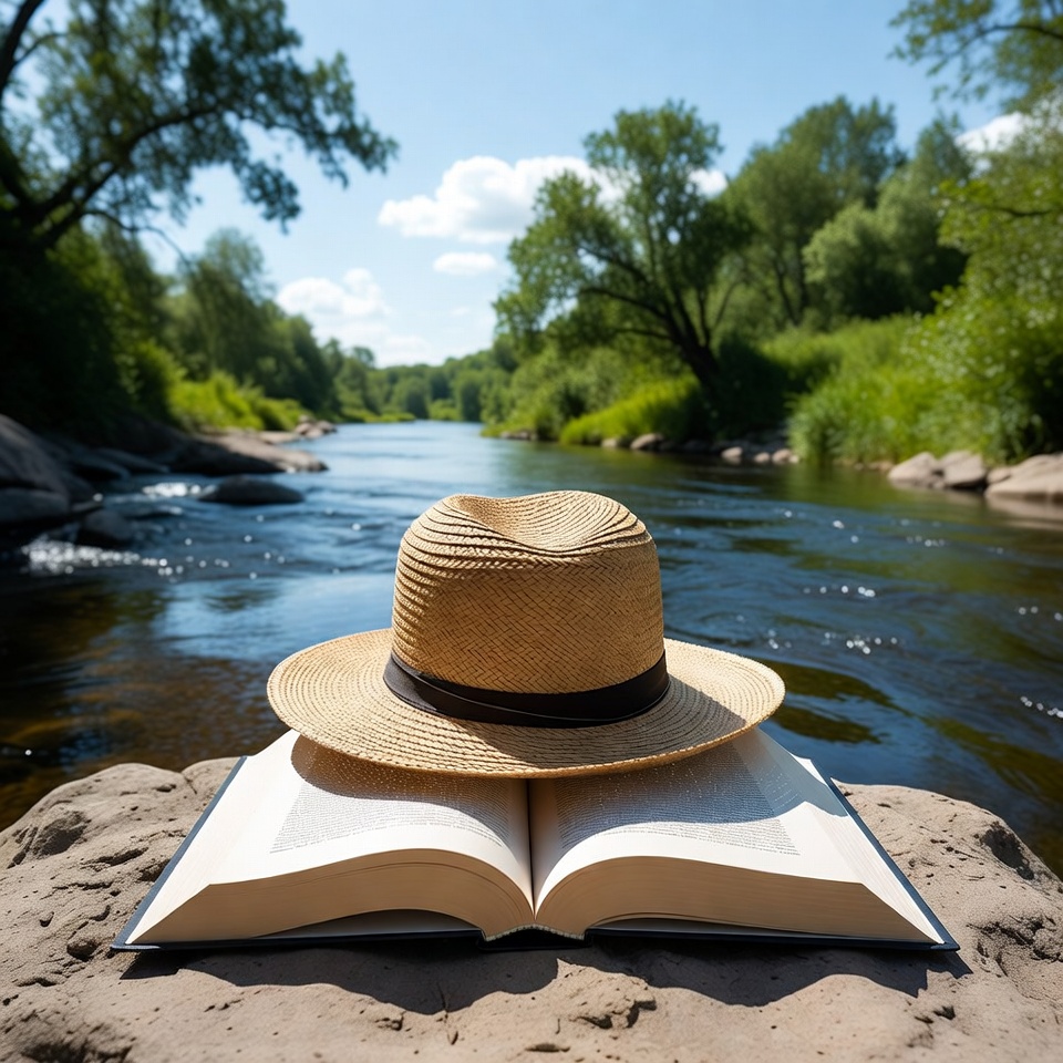 Straw Hat on Open Book by River Straw Hat on Open Book by River