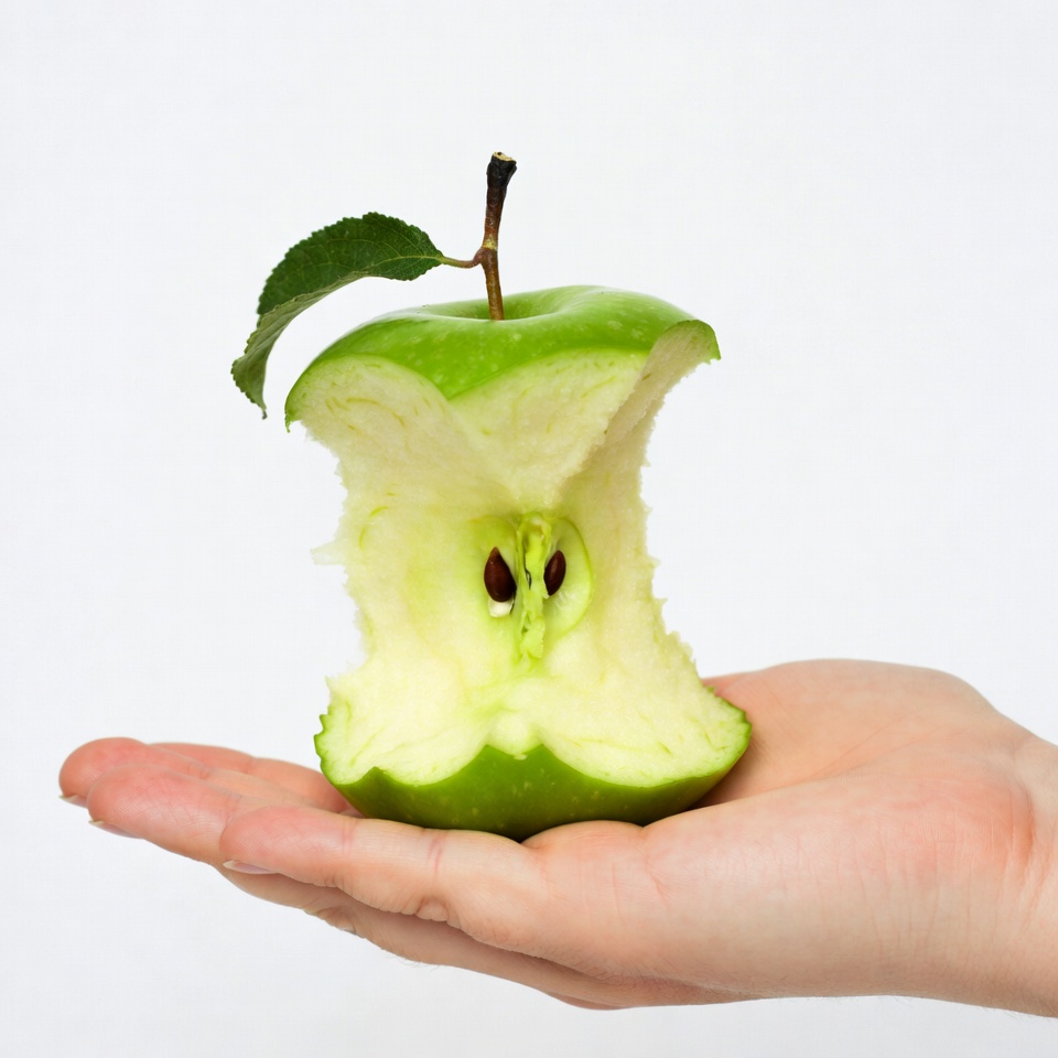 Hand holding bitten green apple Hand holding bitten green apple