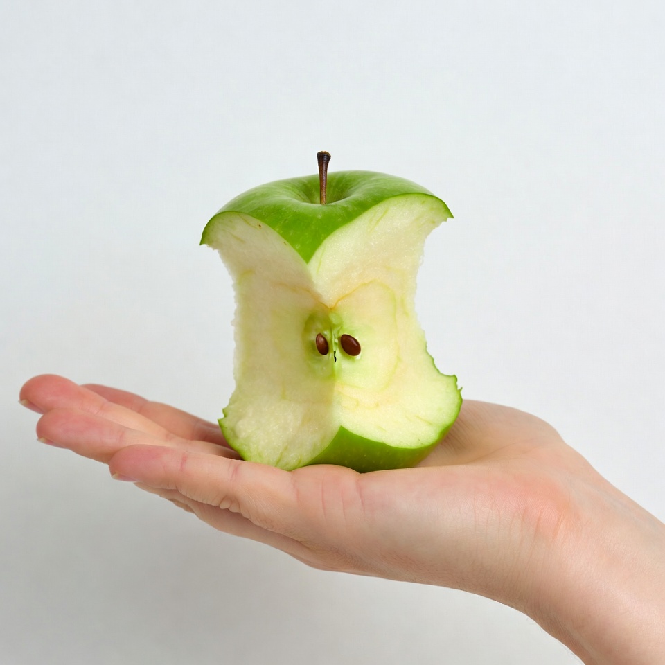 Woman holding bitten green apple Woman holding bitten green apple