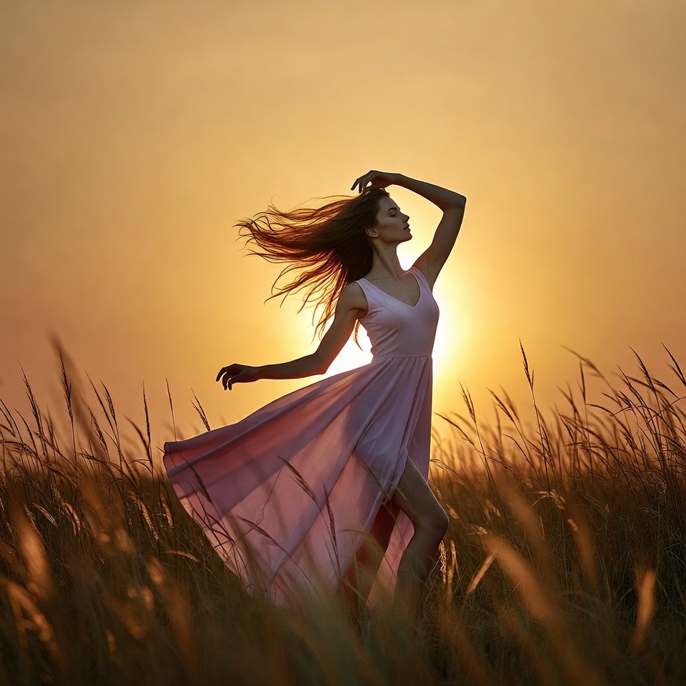 Woman dancing in pink dress at sunset Woman dancing in pink dress at sunset