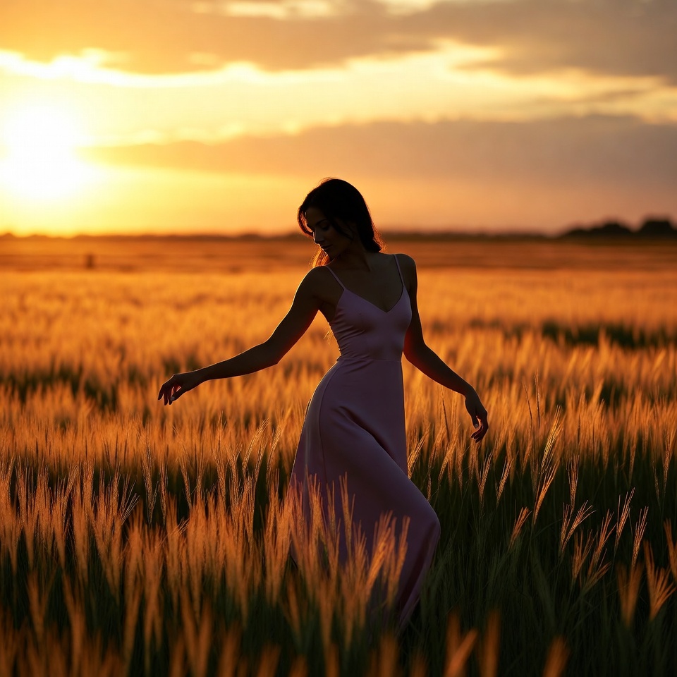 Woman in pink dress in wheat field sunset Woman in pink dress in wheat field sunset