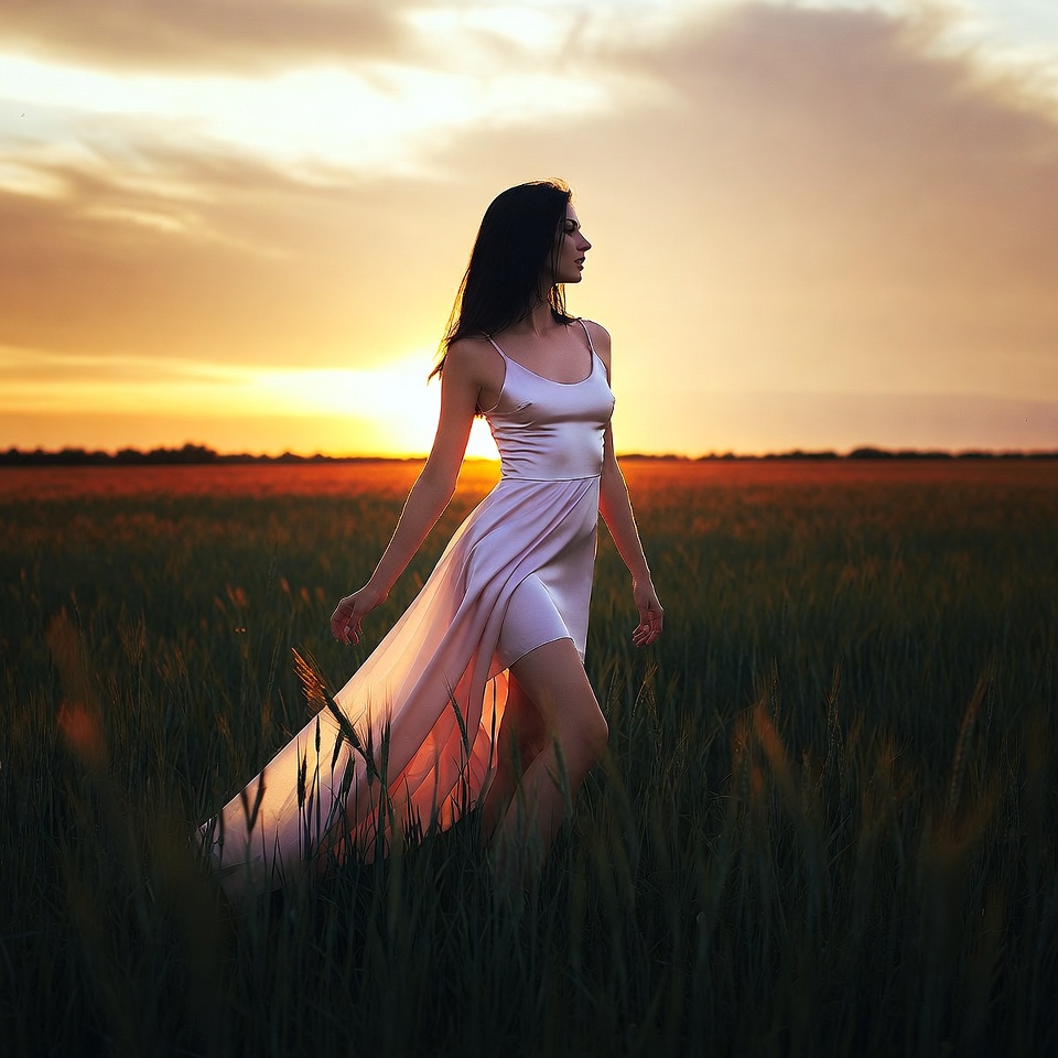 Woman walking in wheat field at sunset Woman walking in wheat field at sunset
