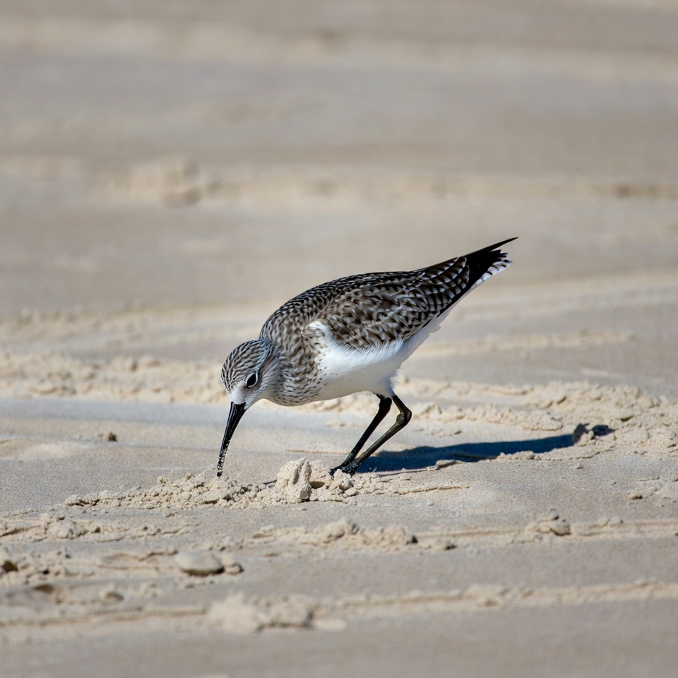 Sanderling foraging on beach sand Sanderling foraging on beach sand