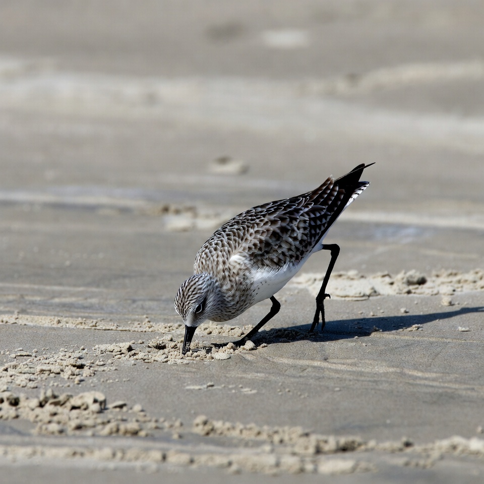 Sanderling foraging on beach sand Sanderling foraging on beach sand