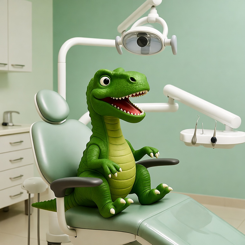 Green T-Rex Toy in Dentist Chair Green T-Rex Toy in Dentist Chair