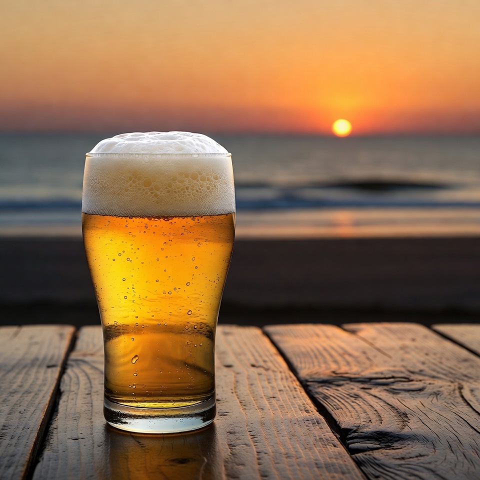 Beer glass at sunset beach Beer glass at sunset beach