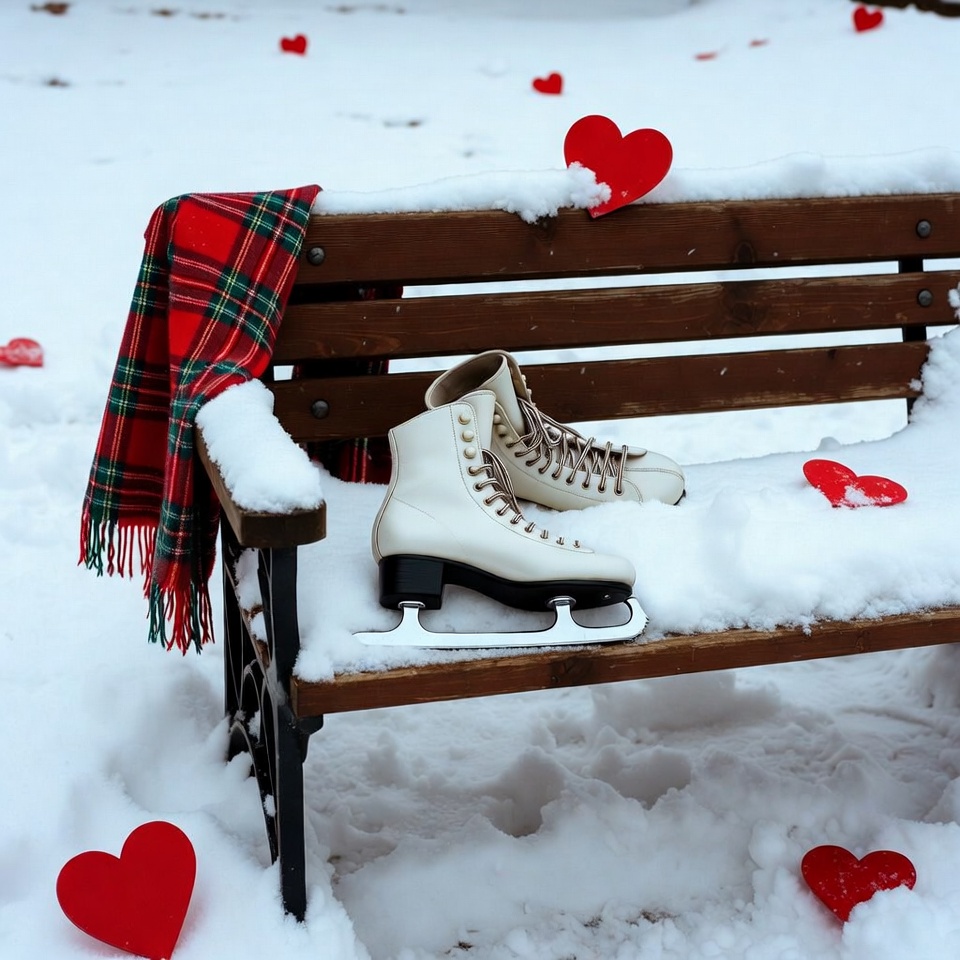 White Ice Skates on Snowy Bench White Ice Skates on Snowy Bench