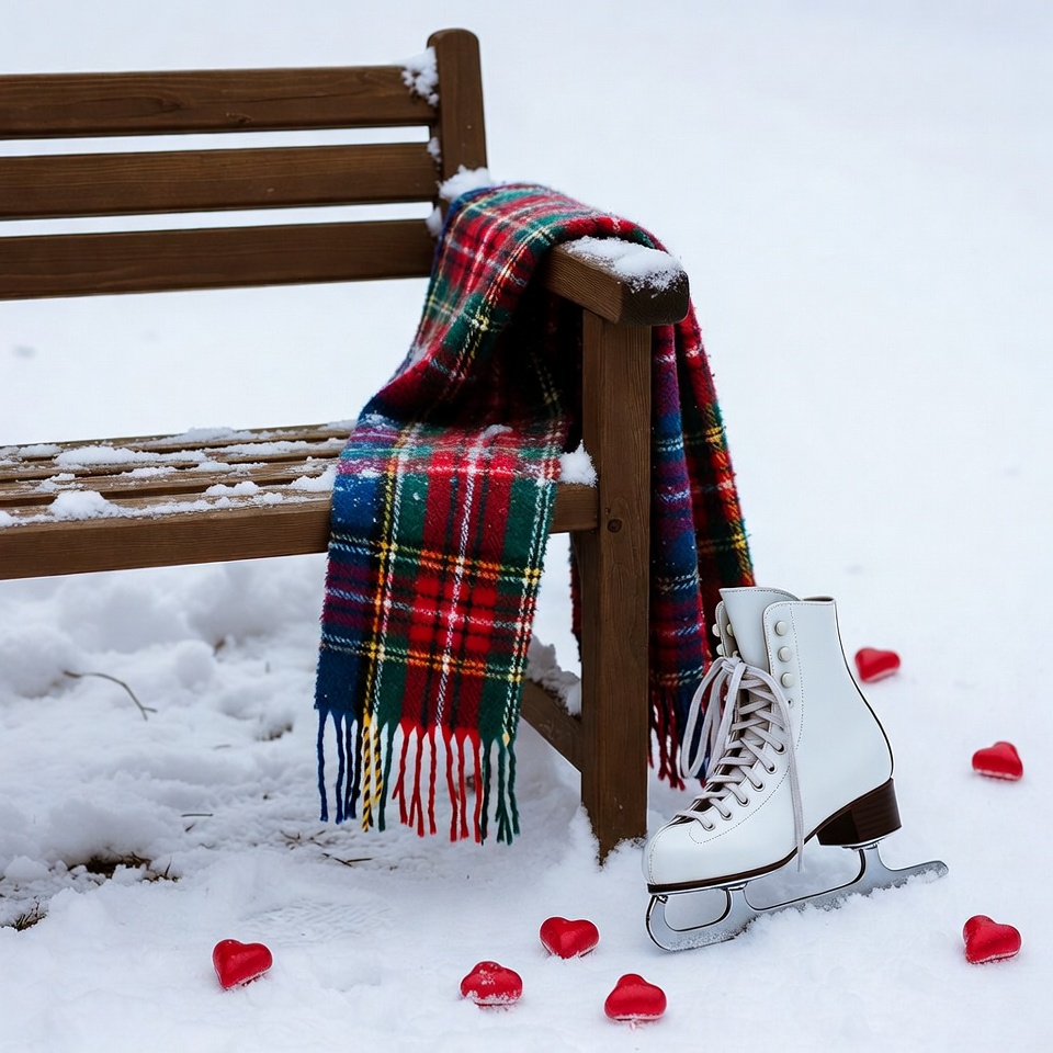 Ice Skates with Plaid Scarf on Snowy Bench Ice Skates with Plaid Scarf on Snowy Bench