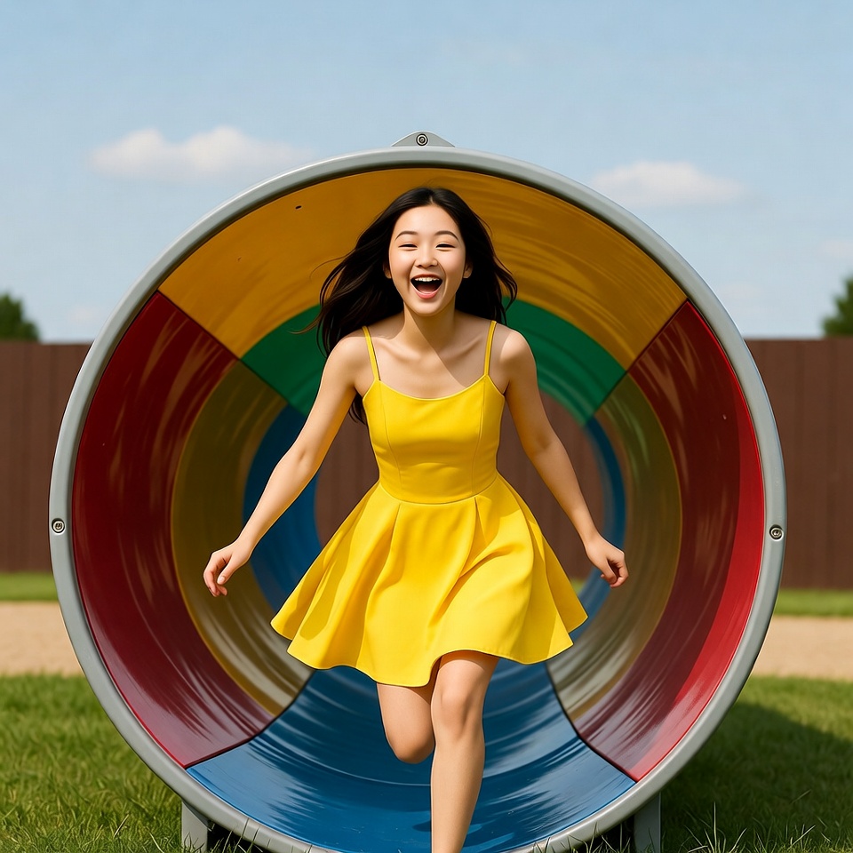 Asian girl running through colorful tunnel Asian girl running through colorful tunnel