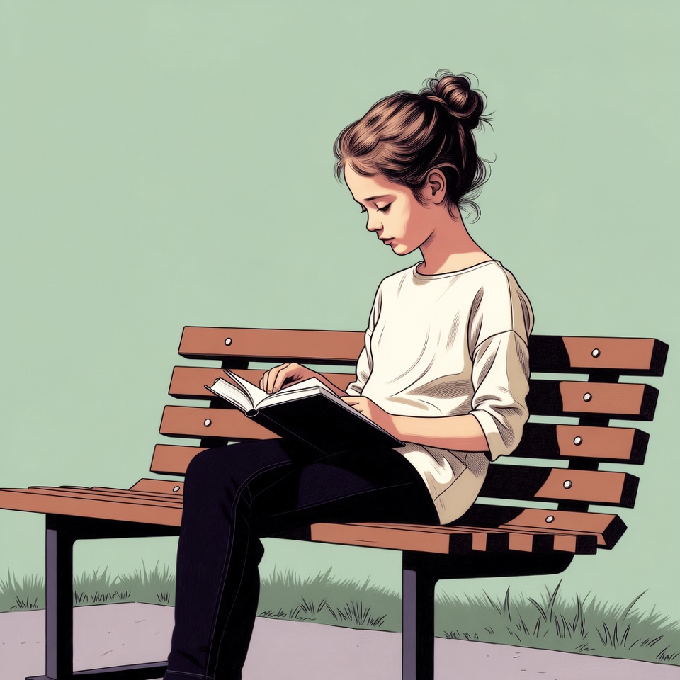 Girl reading book on park bench Girl reading book on park bench