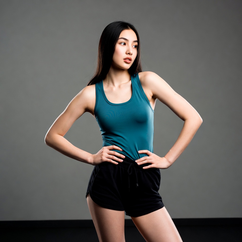 Asian woman in teal tank top posing Asian woman in teal tank top posing