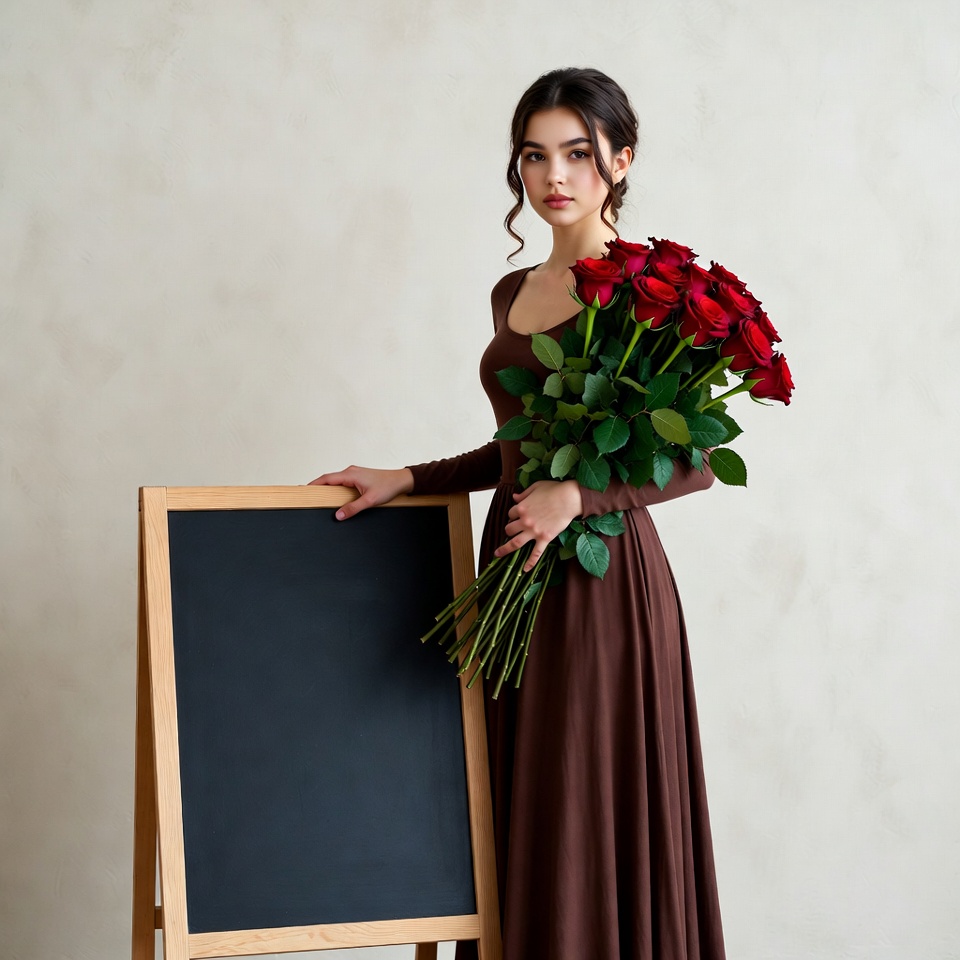 Woman holding red roses by blank chalkboard Woman holding red roses by blank chalkboard