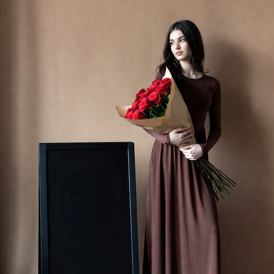 Woman holding red roses by blackboard Woman holding red roses by blackboard
