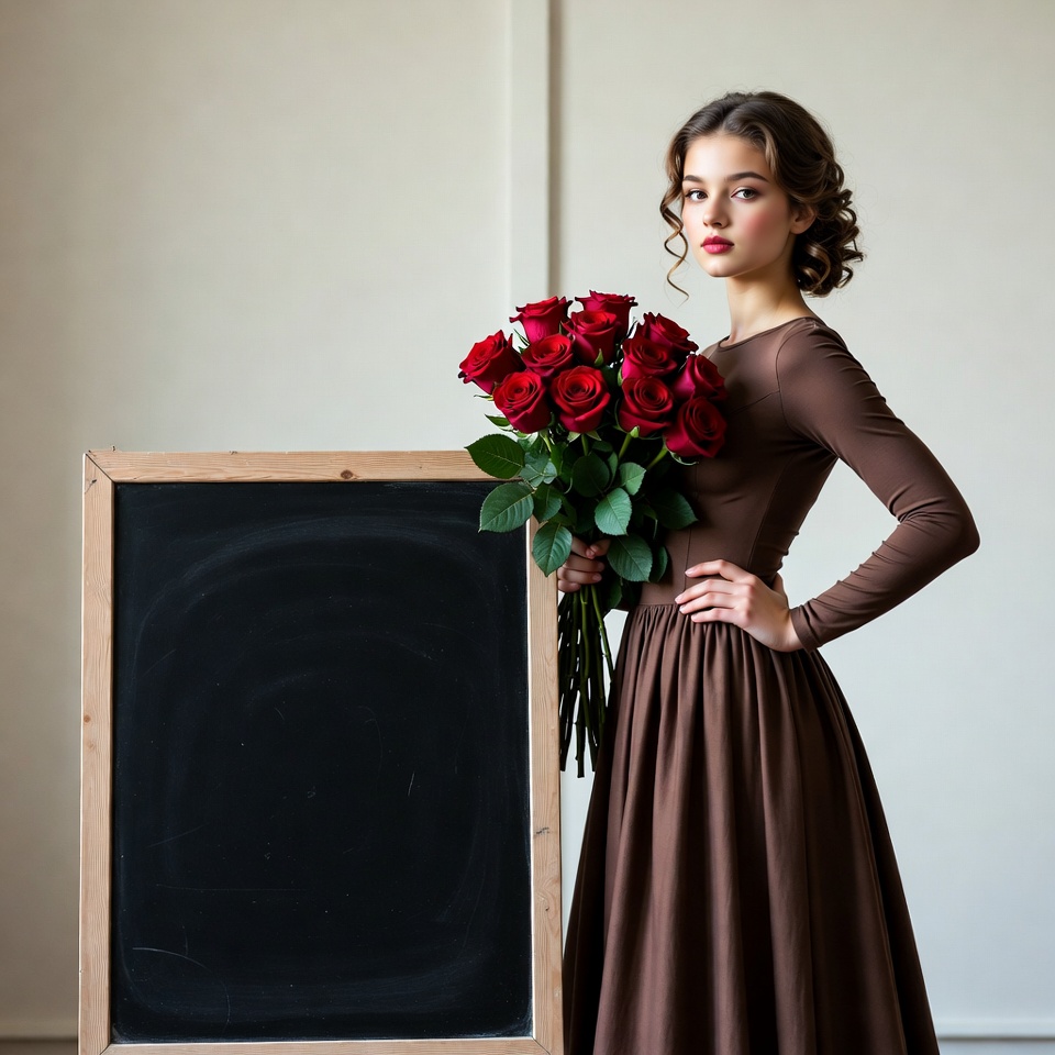 Woman holding roses by blackboard Woman holding roses by blackboard