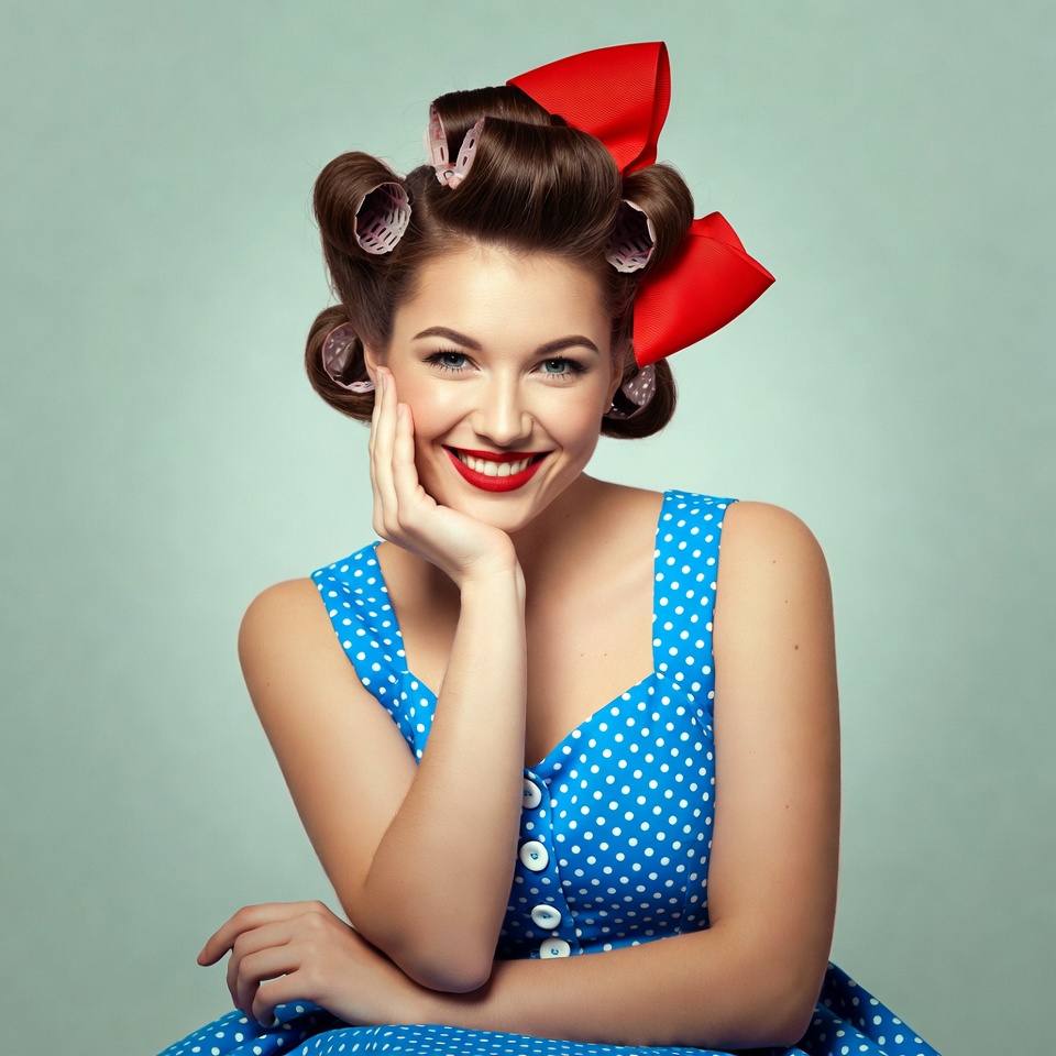 Woman with curlers and red bow Woman with curlers and red bow