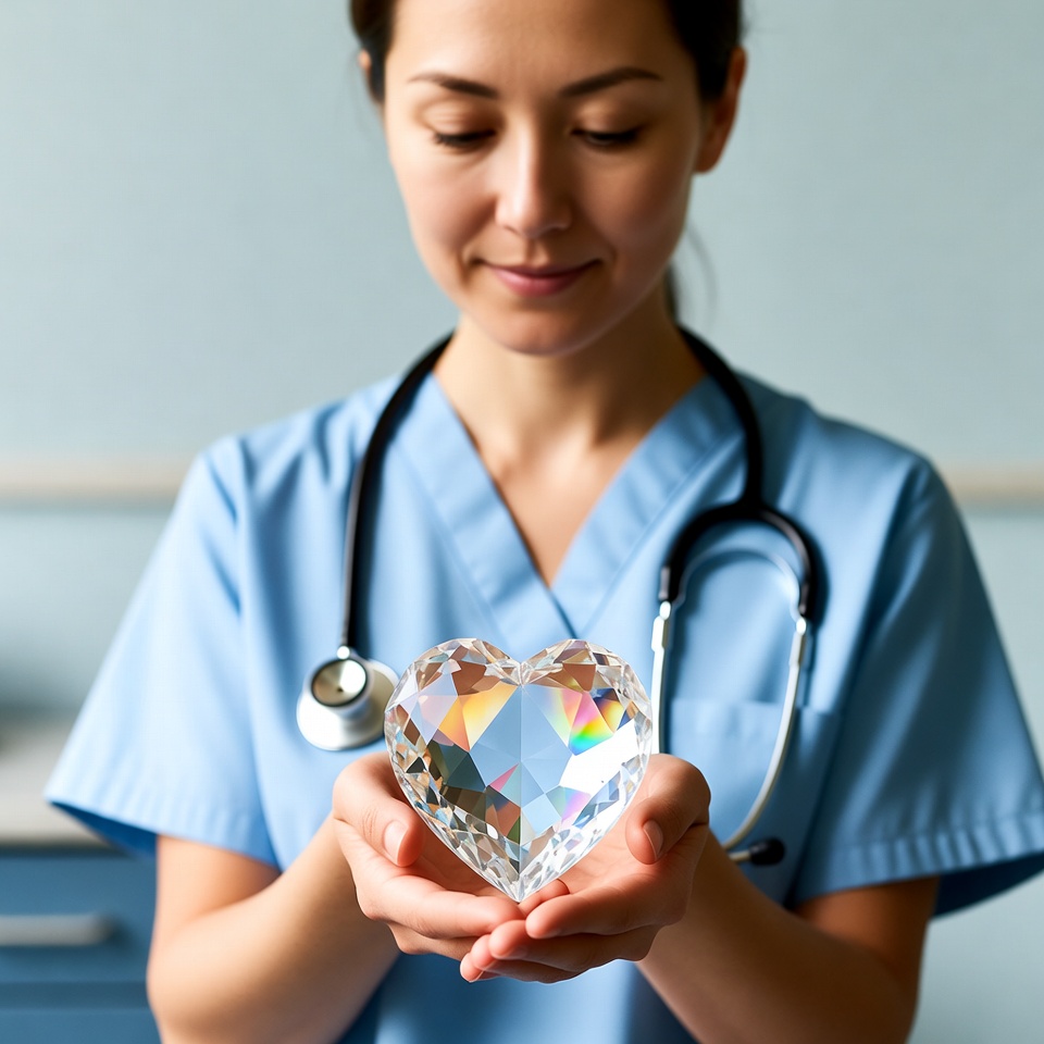 Asian nurse holding crystal heart Asian nurse holding crystal heart