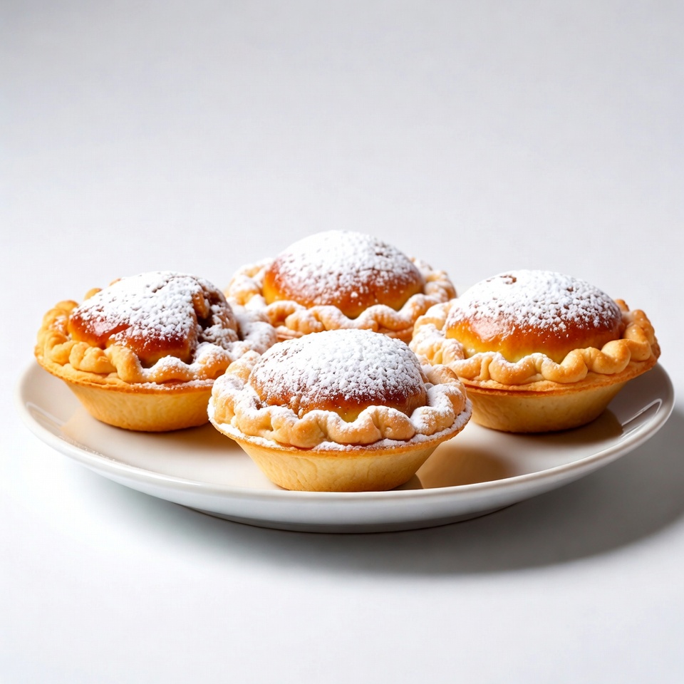 Four powdered pastry tarts on plate Four powdered pastry tarts on plate
