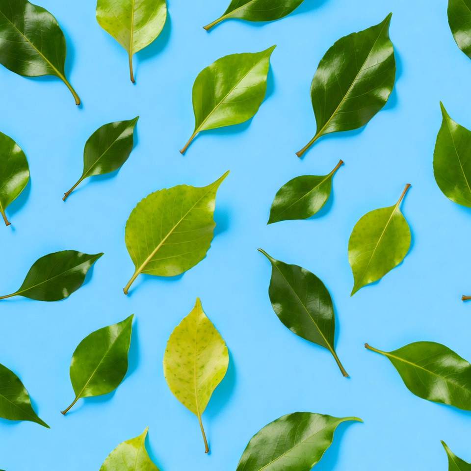Green leaves scattered on blue background Green leaves scattered on blue background
