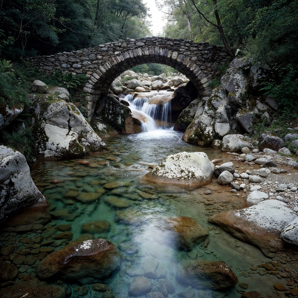 Stone Arch Bridge over Forest Waterfall Stone Arch Bridge over Forest Waterfall