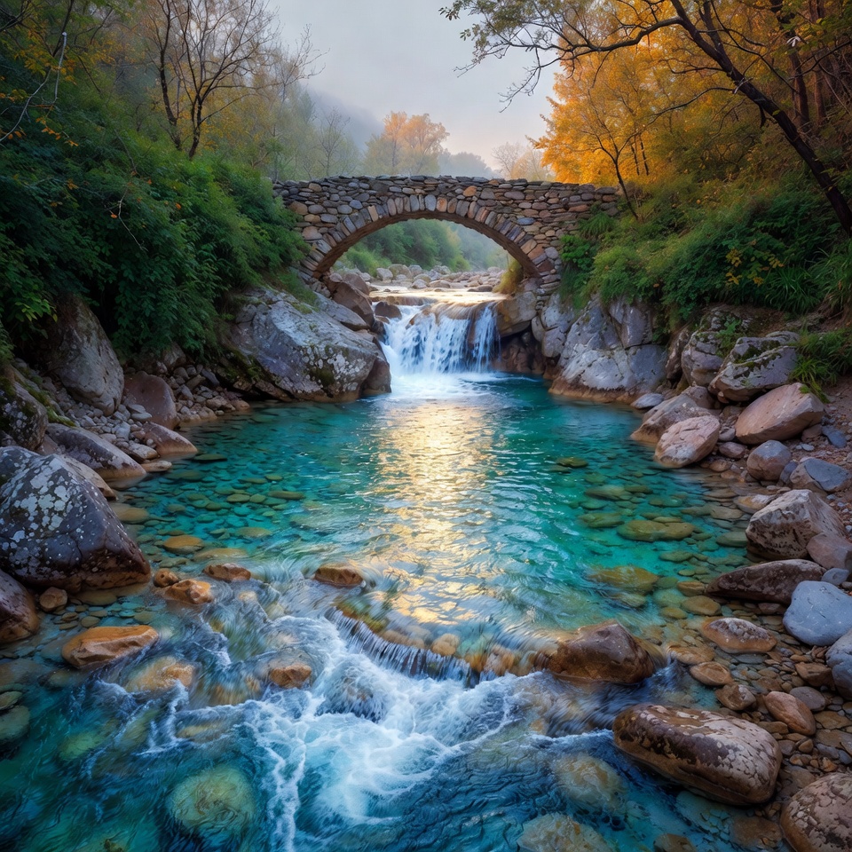 Stone Bridge over Turquoise Waterfall River Stone Bridge over Turquoise Waterfall River