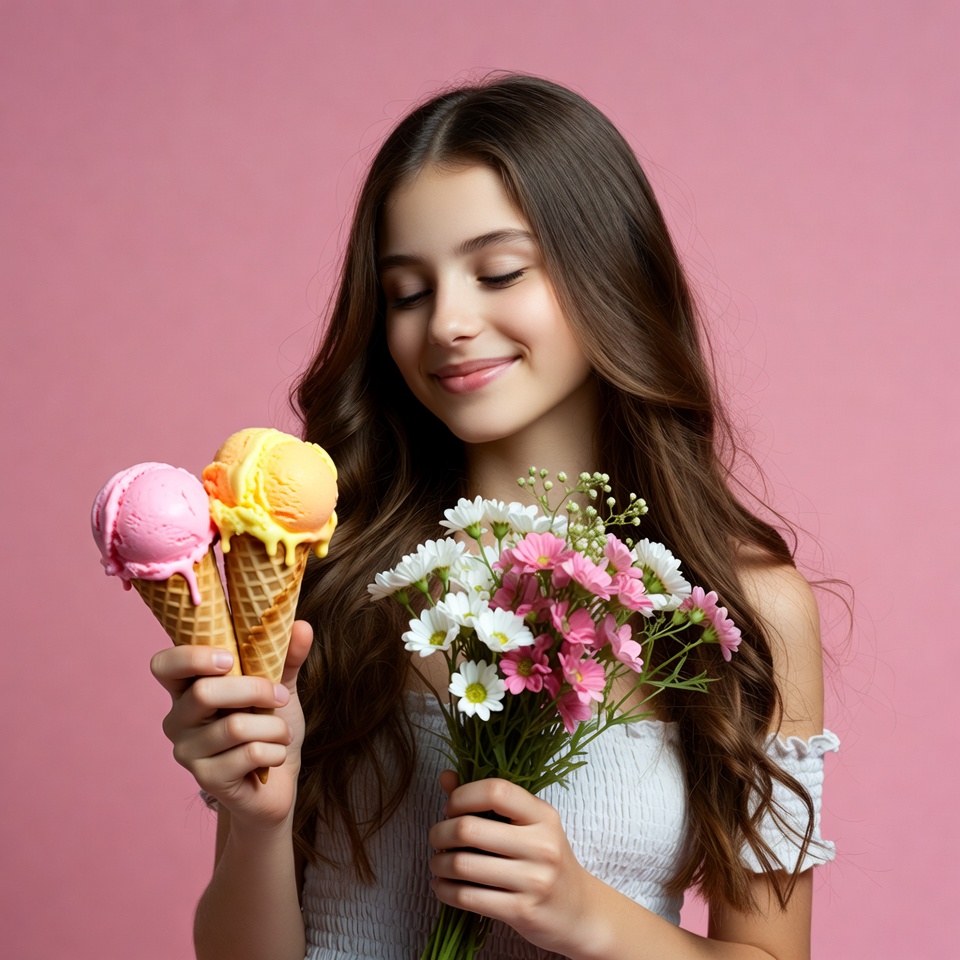 Girl holding ice cream cones and flowers Girl holding ice cream cones and flowers