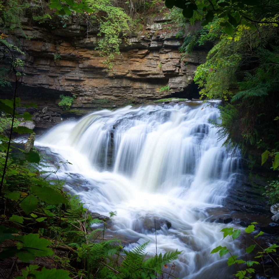 Waterfall cascading in lush green forest Waterfall cascading in lush green forest