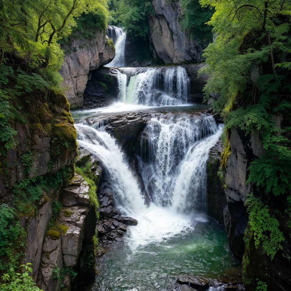 Multi-tiered Waterfall in Lush Forest Multi-tiered Waterfall in Lush Forest