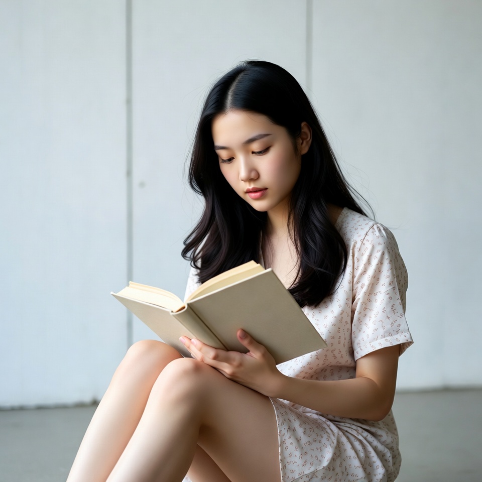 Asian woman reading book on floor Asian woman reading book on floor