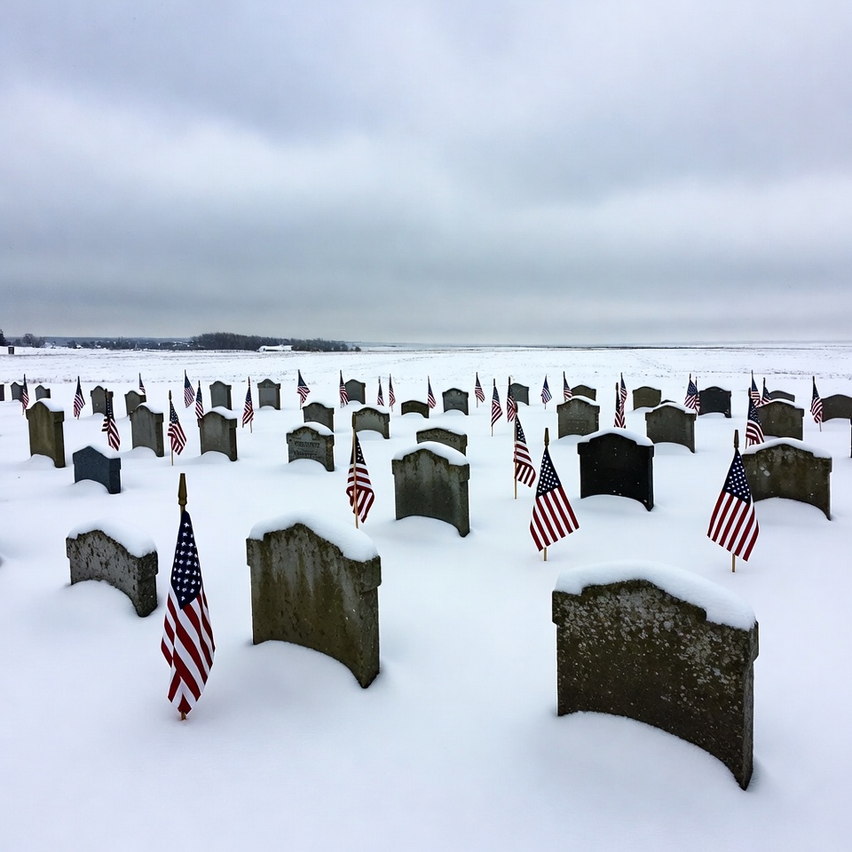 American Flags on Snowy Cemetery Graves American Flags on Snowy Cemetery Graves