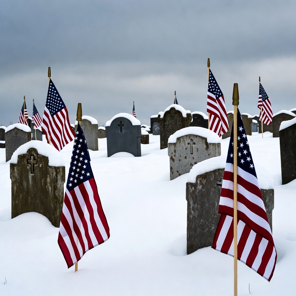 American Flags on Snowy Graves American Flags on Snowy Graves