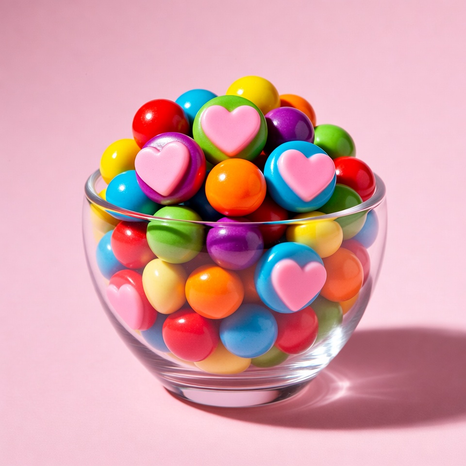 Colorful Candy Hearts in Glass Bowl Colorful Candy Hearts in Glass Bowl